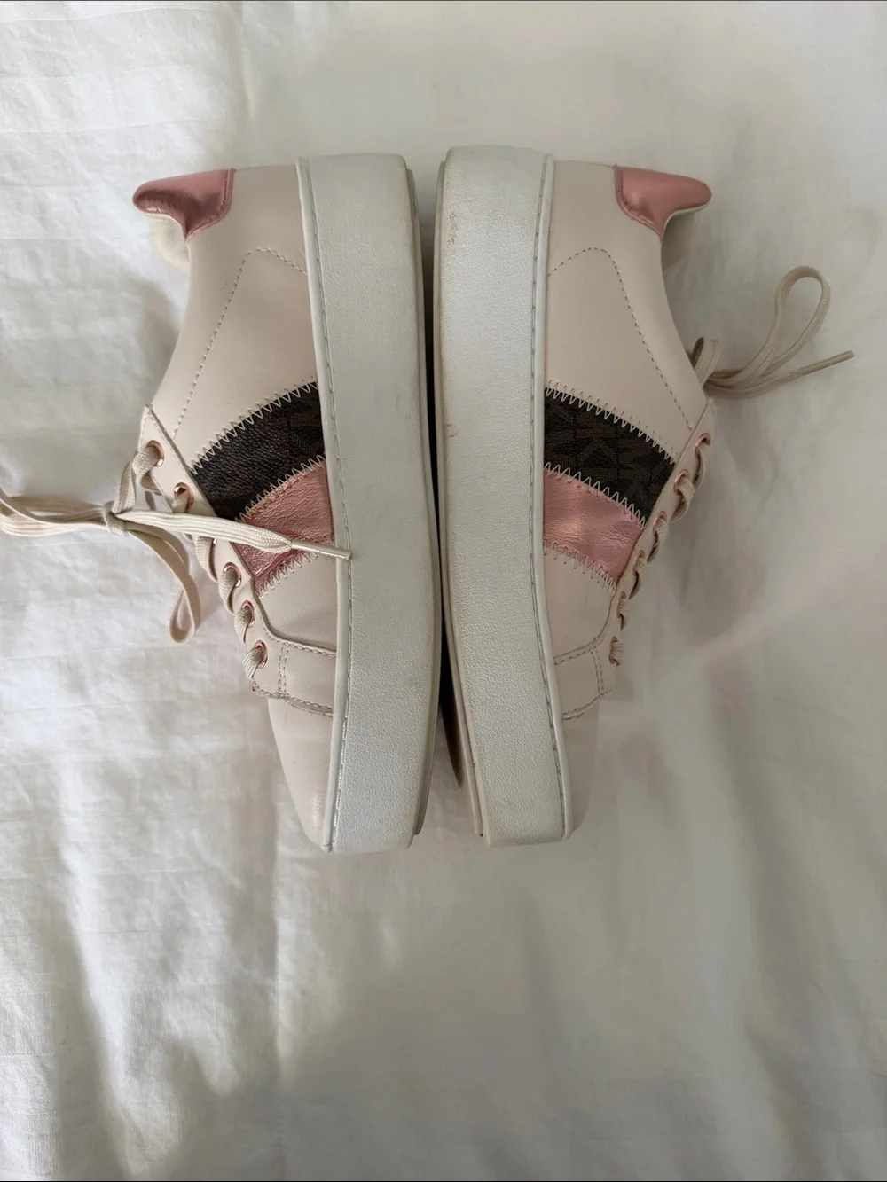 Michael Kors Cream Leather Sneakers with Rose Gold and Black Accents